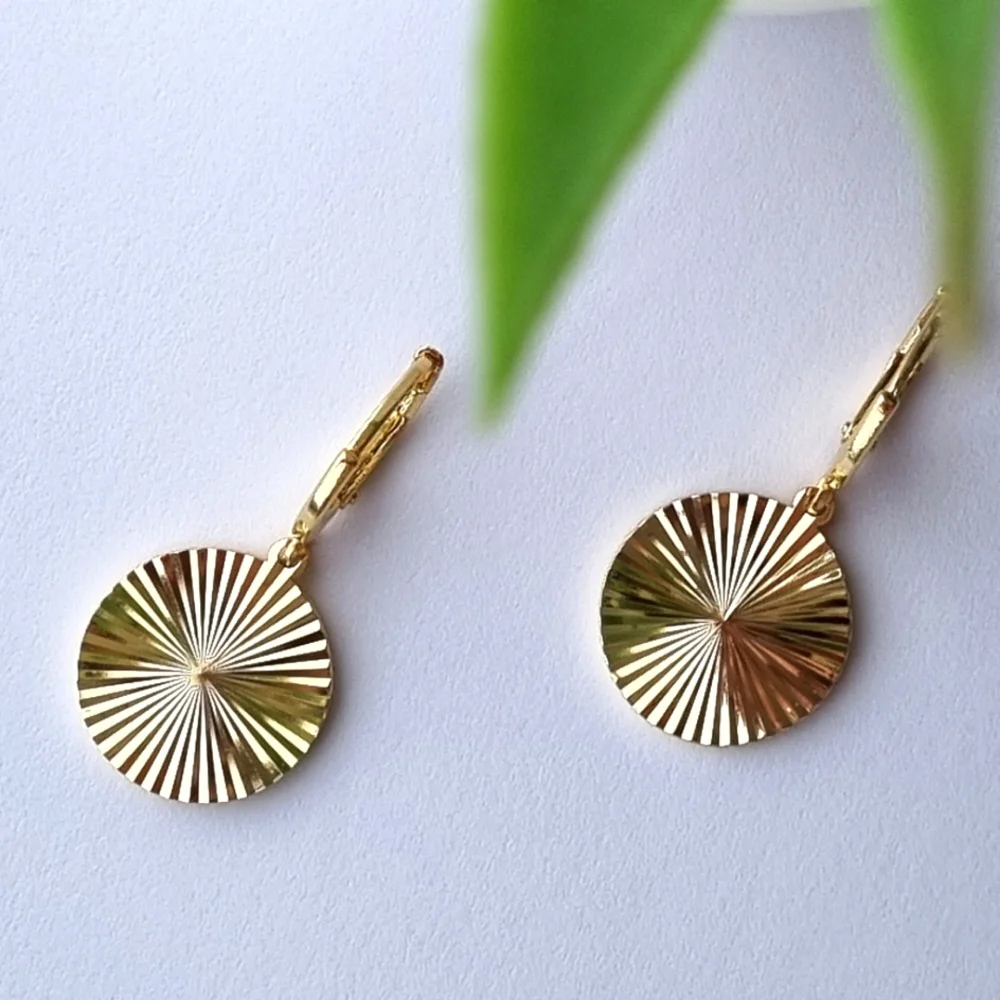 Earrings | Gold Toned | Round, Textured Sunburst | Huggies Hoop Drop Style. ๐ - Picture 8 of 16